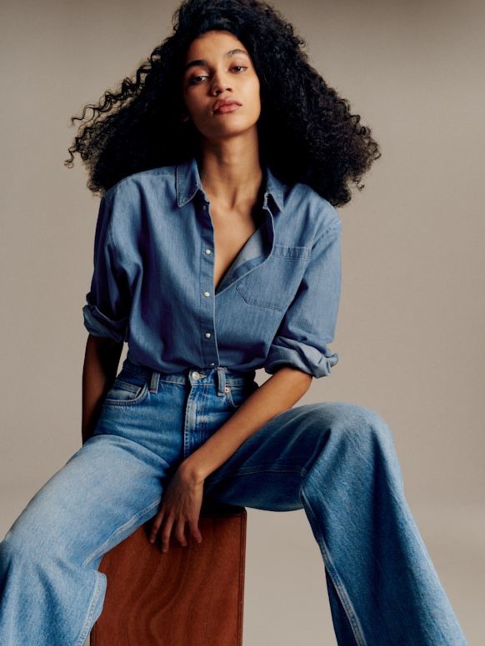 Sezane Max Denim Pearl Snap Front Shirt XXL FR 46 Oversized
